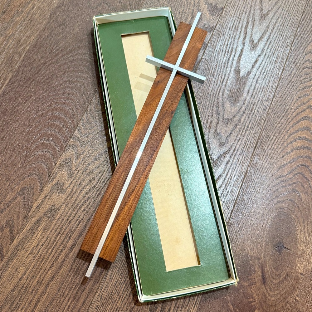 Vintage MCM teak wood & metal cross wall hanging wall art